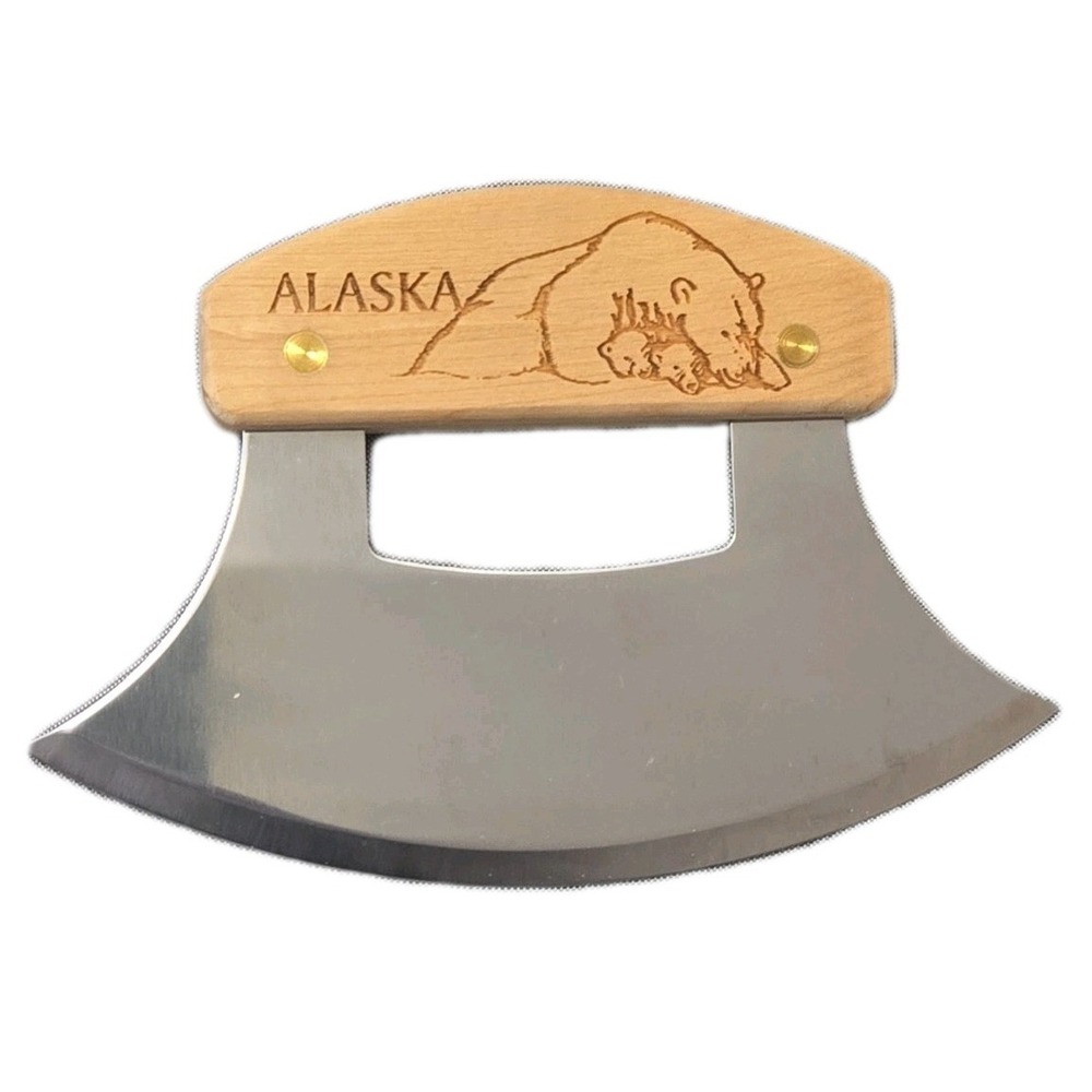 Alaska Ulu Knife 5.75" Stainless Steel‎ Fixed Blade Wood Handle Chopper Souvenir